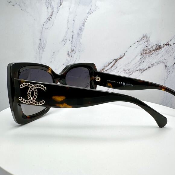 New CHANEL Sunglasses Brown Acetate Tortoise Square Gold Metal Chain CC - Picture 12 of 16